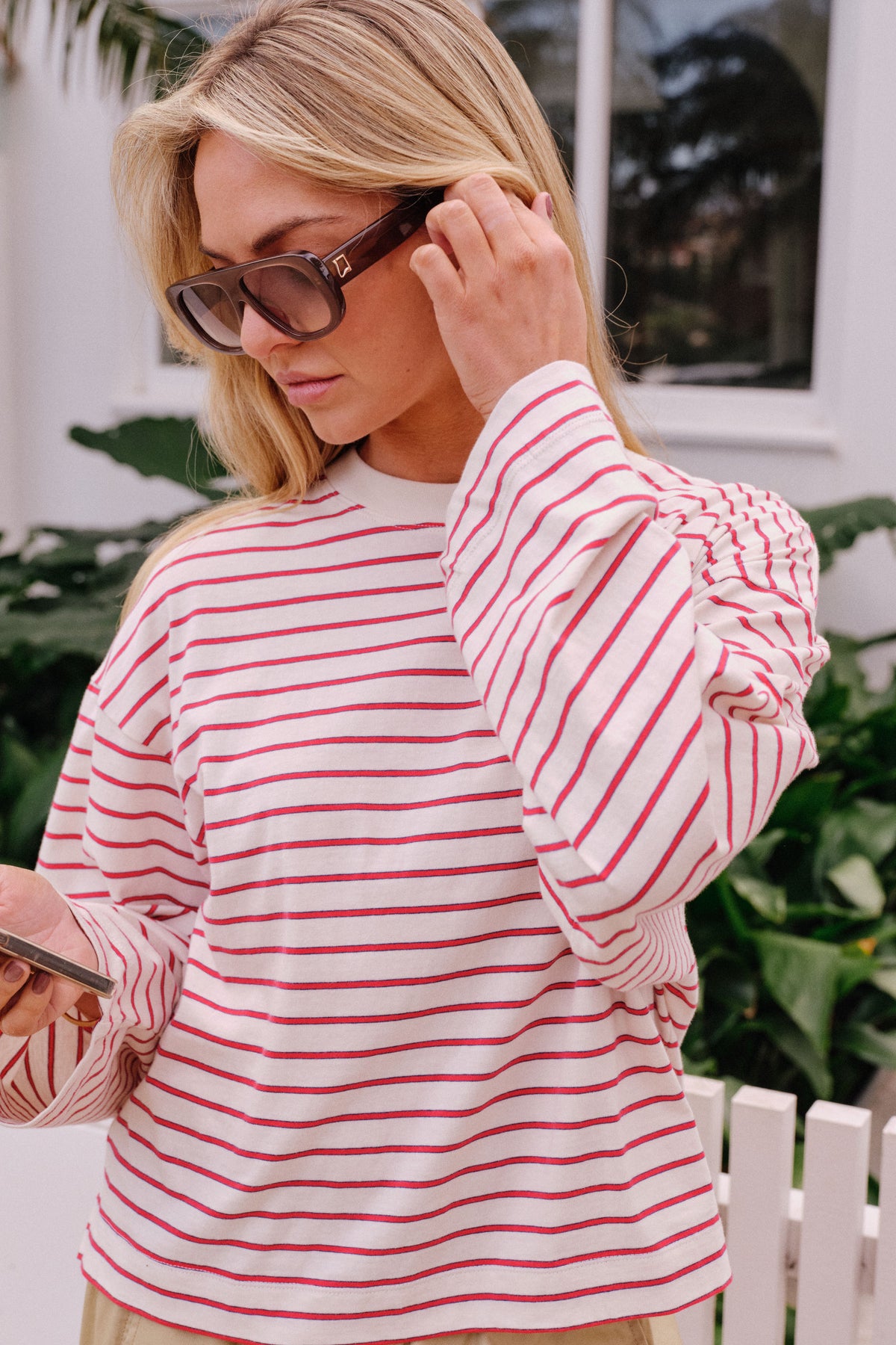 Beau Long Sleeve Slouchy Tee buff/red stripe