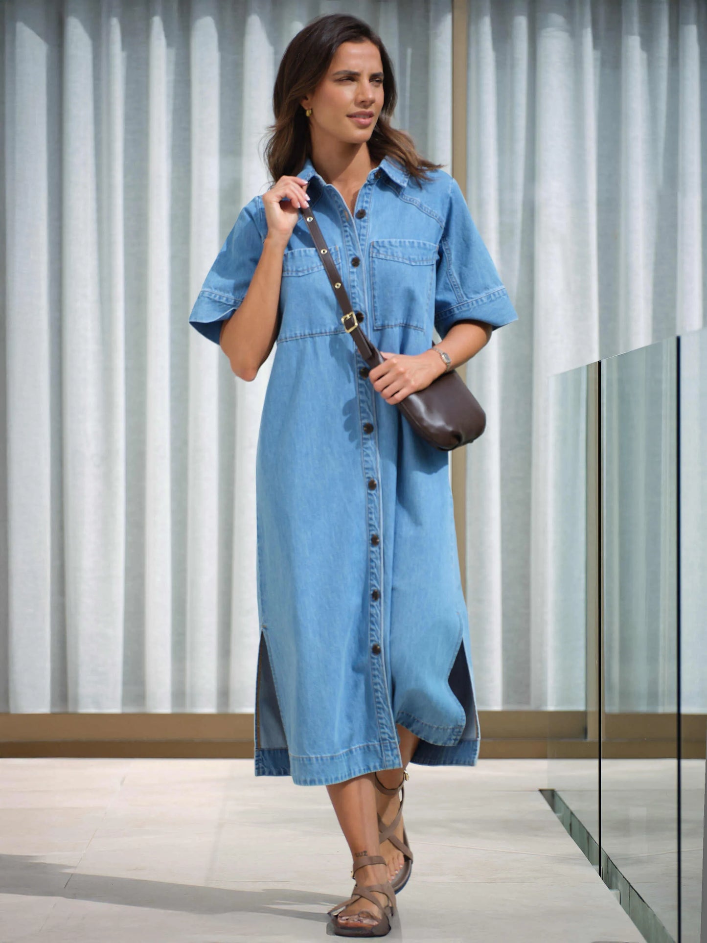 SHORT SLEEVE YOKE DETAIL MIDI DRESS/VINTAGE BLUE - Ceres Life