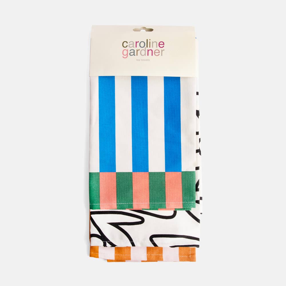 MULTI STRIPE/MONO OUTLINE HEARTS SET OF 2 TEA TOWELS