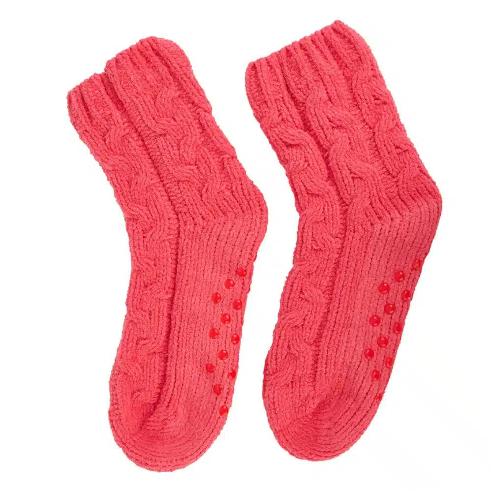Chenille Room Socks - Cable Knit - Melon and Sage