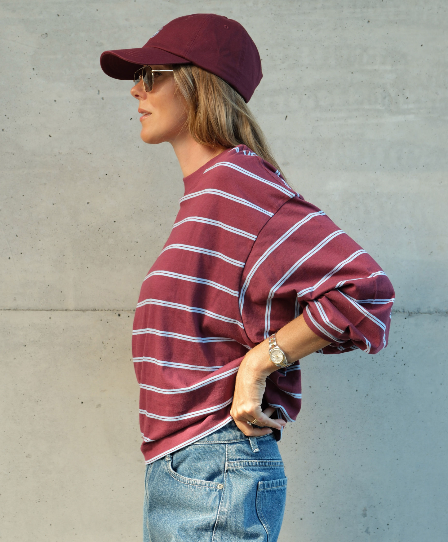 Beau Long Sleeve Slouchy Tee - Burgundy and Blue
