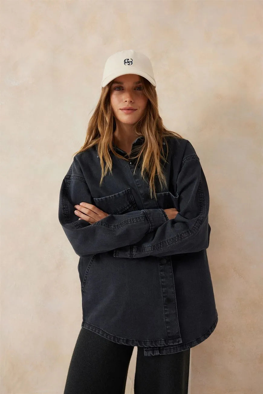BOBBI SIDE POCKET DENIM SHACKET/WASHED BLACK - Ceres Life