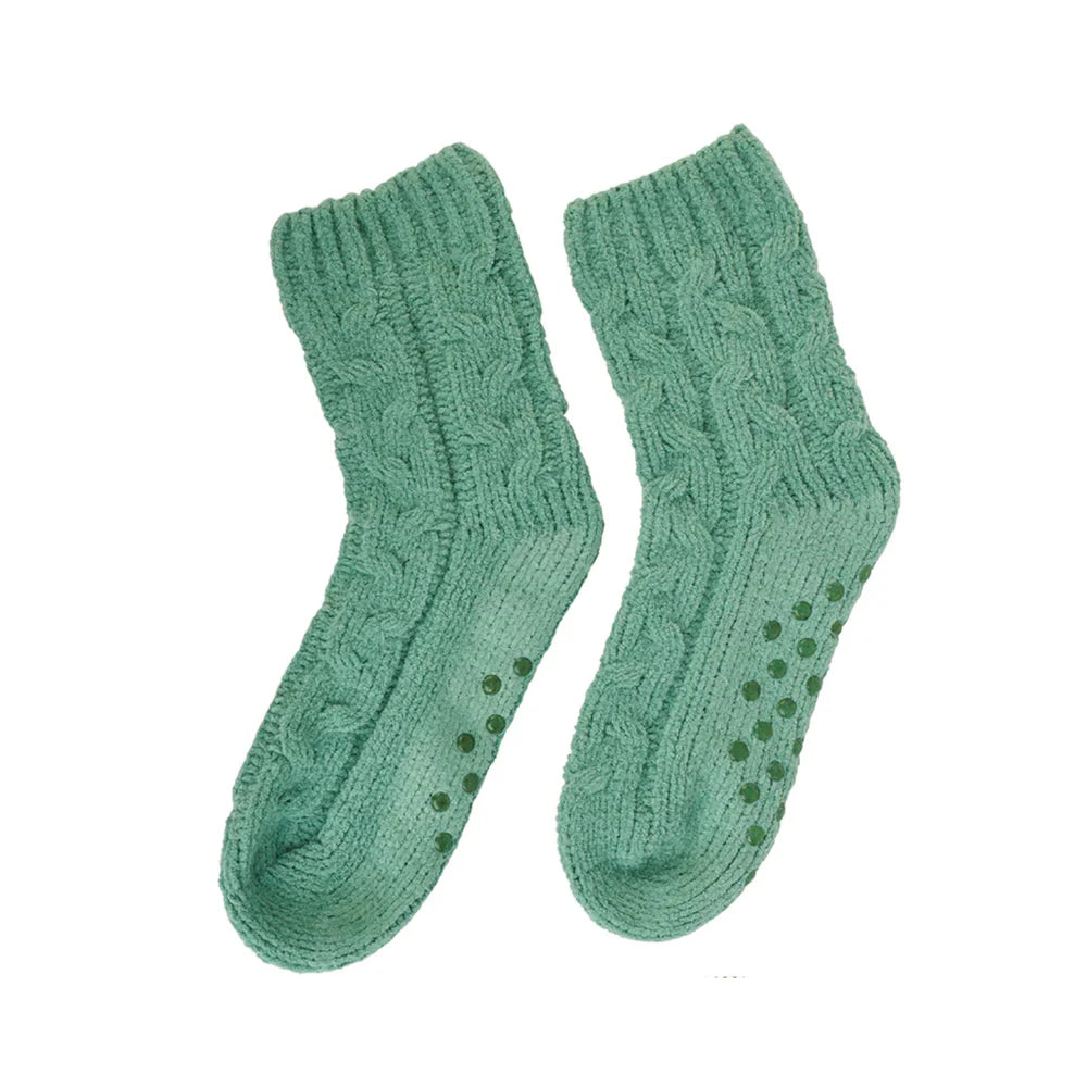 Chenille Room Socks - Cable Knit - Melon and Sage
