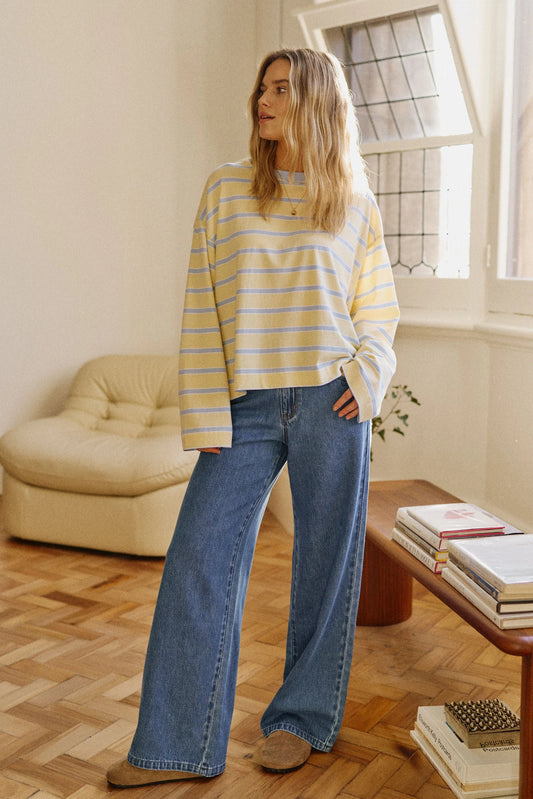 Beau LS Tee butter/china blue stripe