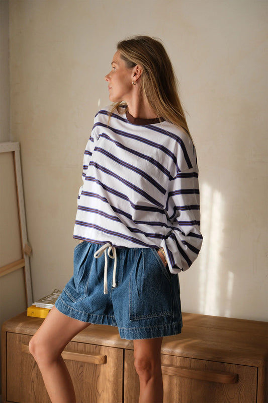 Beau LS Tee while polo/choc stripe
