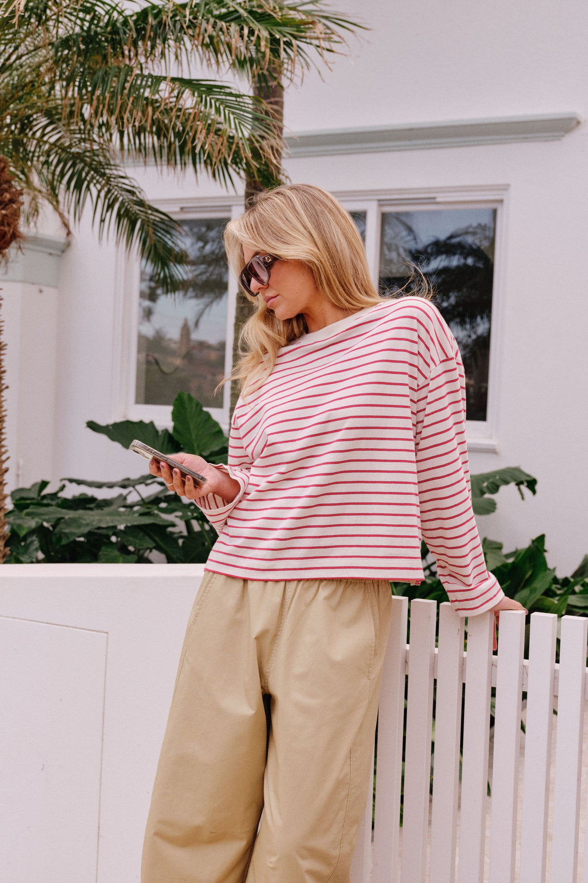 Beau Long Sleeve Slouchy Tee buff/red stripe