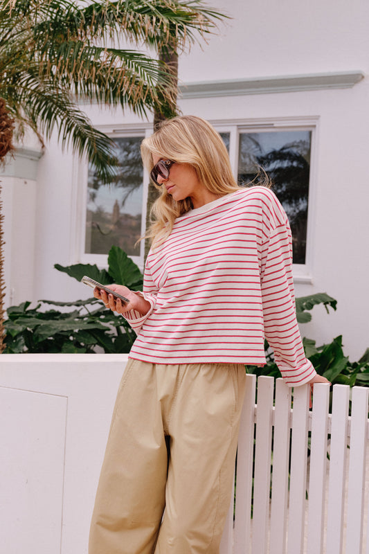Beau Long Sleeve Slouchy Tee buff/red stripe