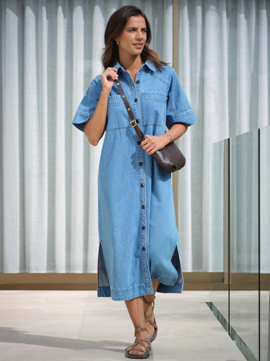SHORT SLEEVE YOKE DETAIL MIDI DRESS/VINTAGE BLUE - Ceres Life