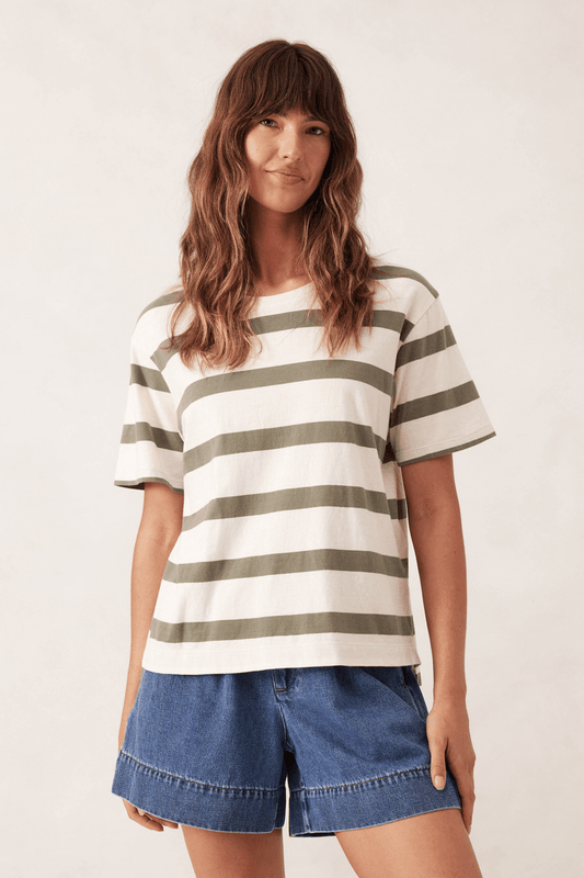STEVIE SLOUCHY SPLIT HEM TEE/EGGSHELL/MOSS GREEN BOLD STRIPE - Ceres Life