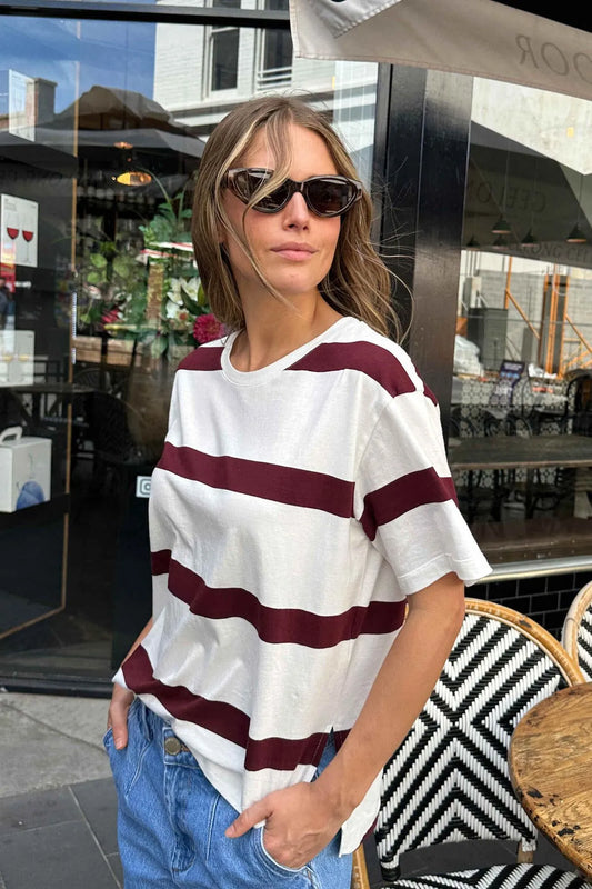STEVIE SLOUCHY SPLIT HEM TEE/VANILLA/BURGUNDY STRIPE - Ceres Life