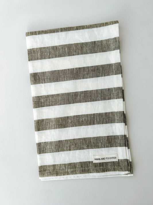 Pure French Linen Tea Towel - Wide Olive Stripe
