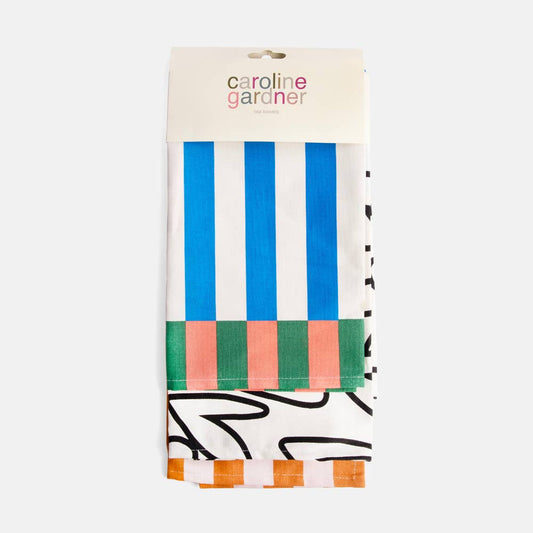 MULTI STRIPE/MONO OUTLINE HEARTS SET OF 2 TEA TOWELS