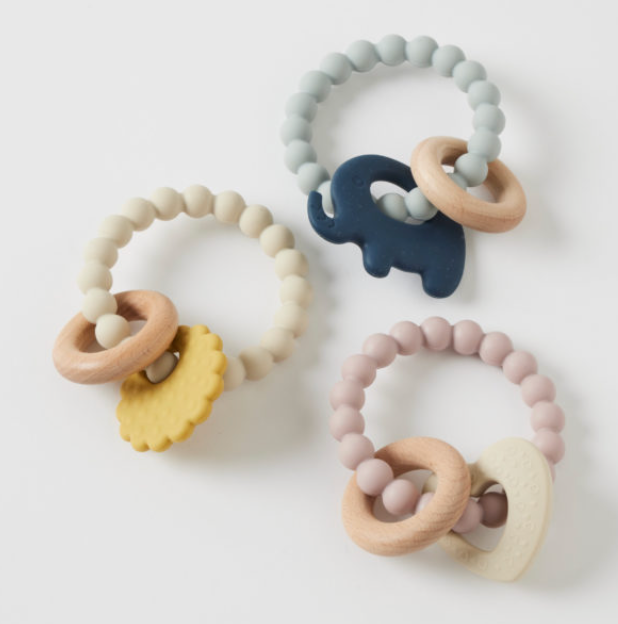 Silicone and Wood Teethers 3 colours