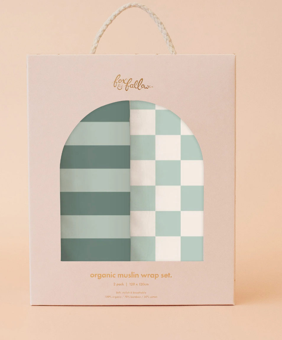 Sage Stripe / Sage Check Organic Muslin Wrap Set