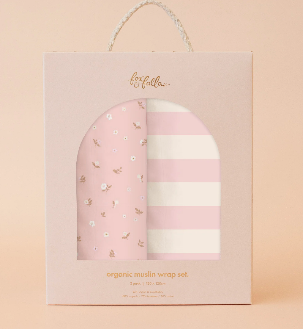 Dusty Roses / Petal Stripe Organic Muslin Wrap Set