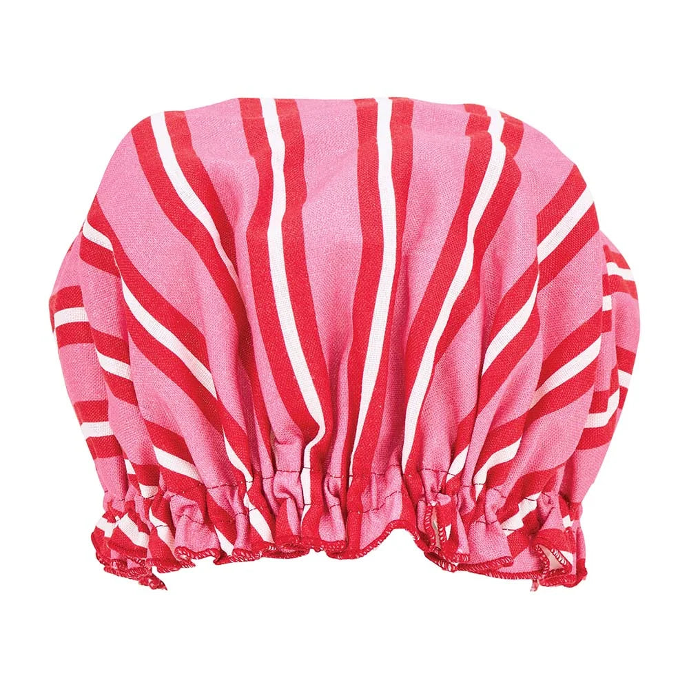 Shower Cap - Cotton - Red & Pink Stripe