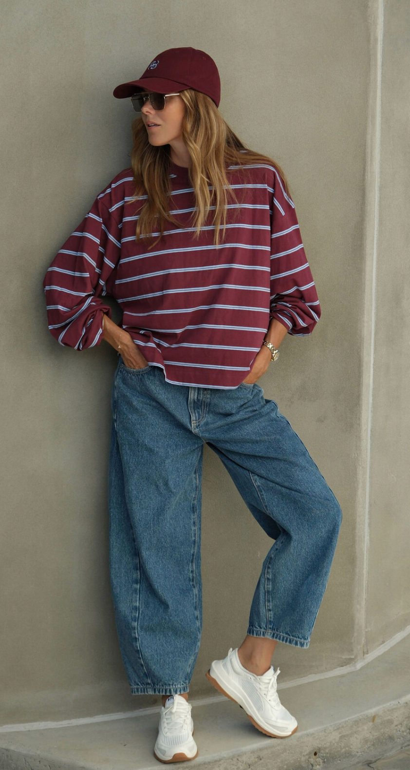 Beau Long Sleeve Slouchy Tee - Burgundy and Blue